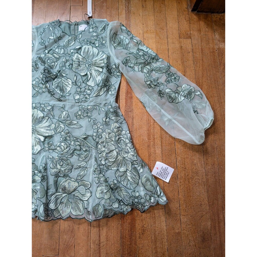 ASOS EDITION Organza Embroidered Cutwork Puff Sleeve Mini Dress Sage Green US 6